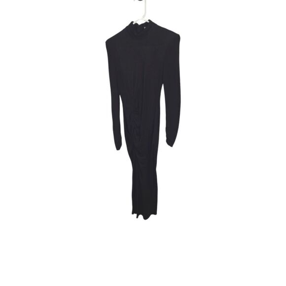 NEW ZARA black mock neck long sleeve form fitting draped sheath dress M - Picture 3 of 16